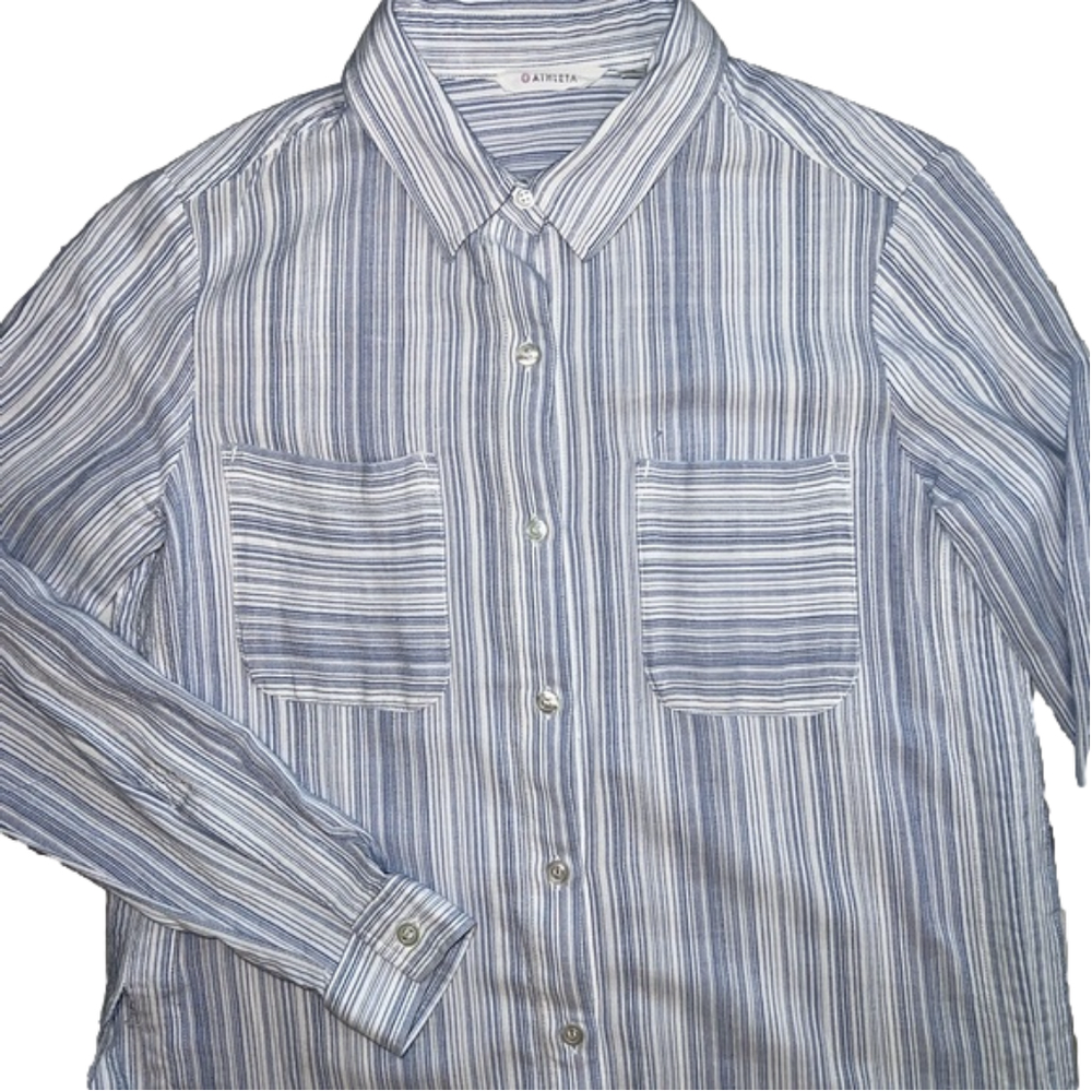 Athleta long sleeved blue/white pinstripe women’s shirt, size XS. EUC